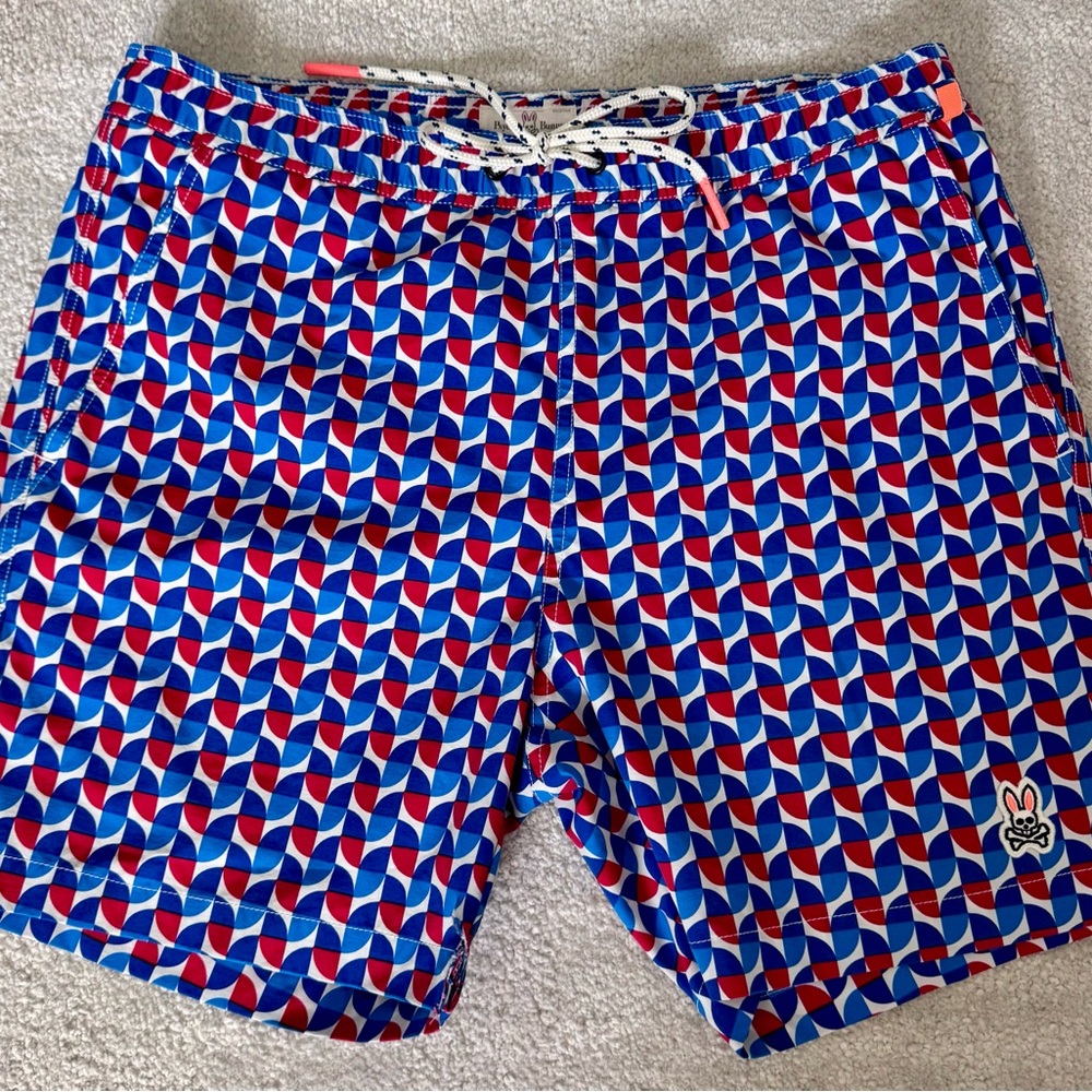 Psycho Bunny Blue and Red Geometric Swim Trunks